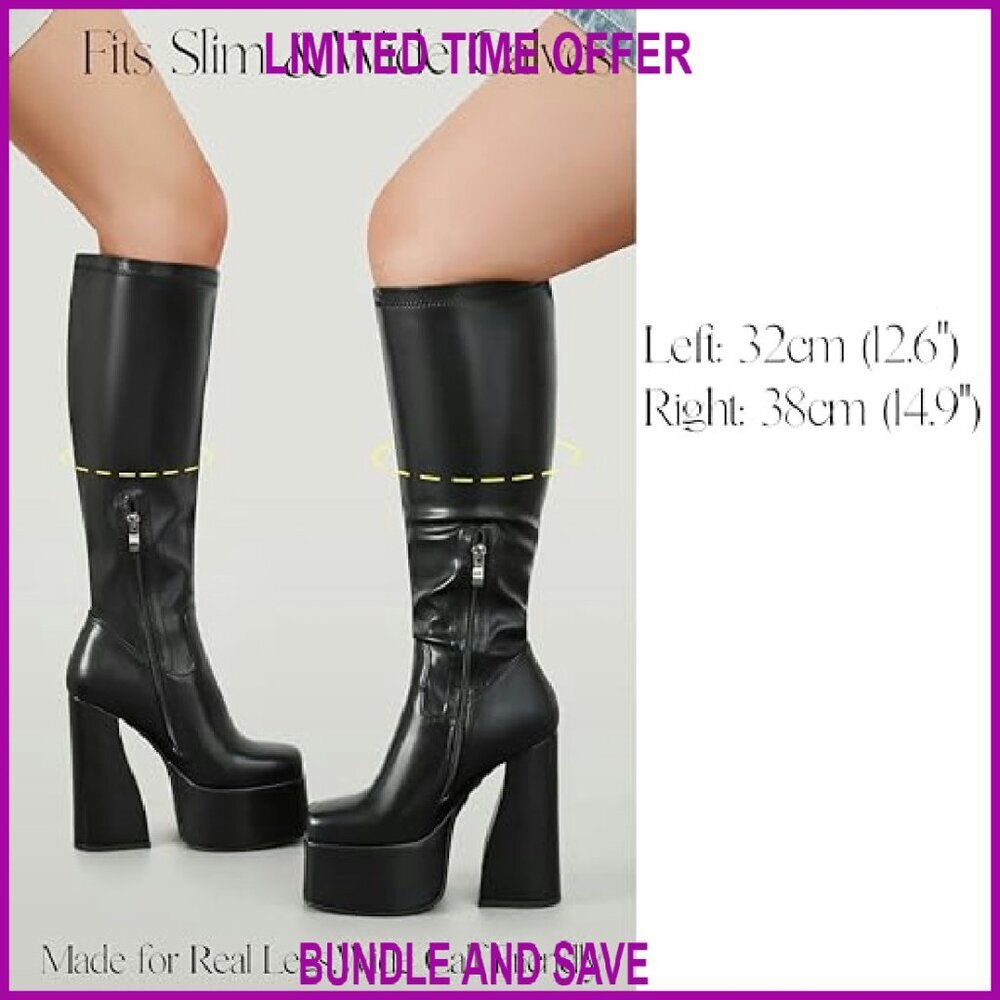 Knee High Platform Boots Chunky Heel Side Zipper Stretch PU Size 8 - Picture 5 of 8